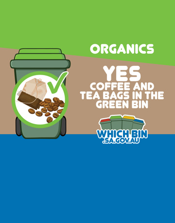 Coffee grounds, tea bags and leaves go in the green bin